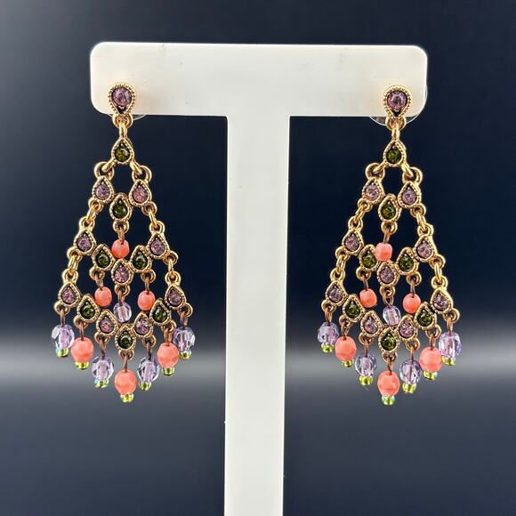 Signed Graziano Gold Tone Pastel Rhinestone Chandelier Pierced Earrings 2.25" - Picture 1 of 3